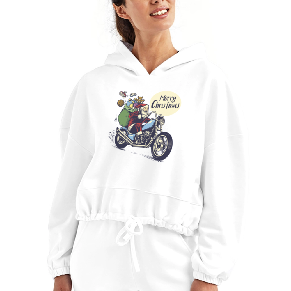 Santa Motorcycle Women’s Cropped Hoodie - white