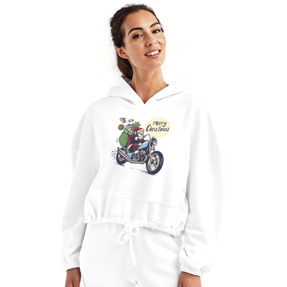 Santa Motorcycle Women’s Cropped Hoodie - white